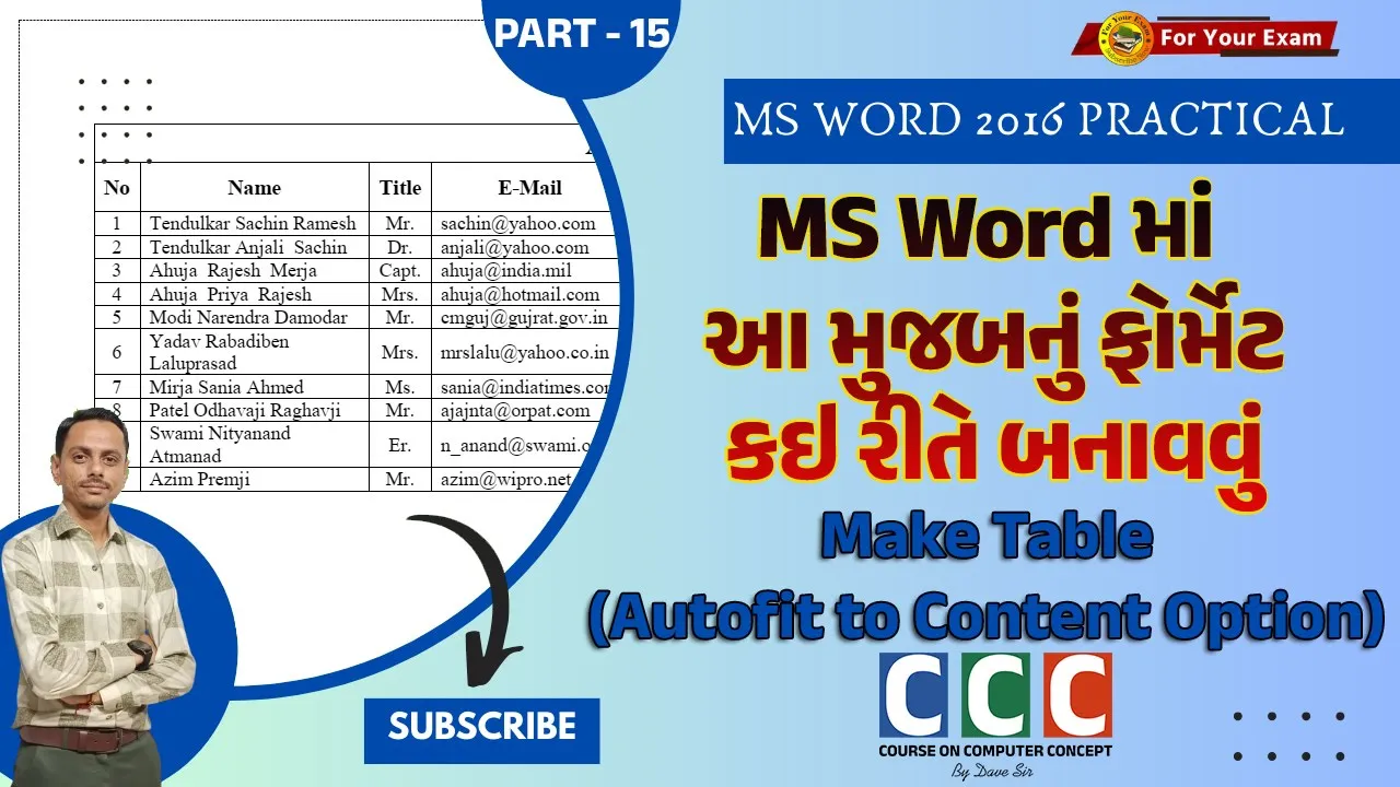 16 Video 15 ｜ CCC ｜ Creating a Table Using AutoFit Content Option in MS Word 2016